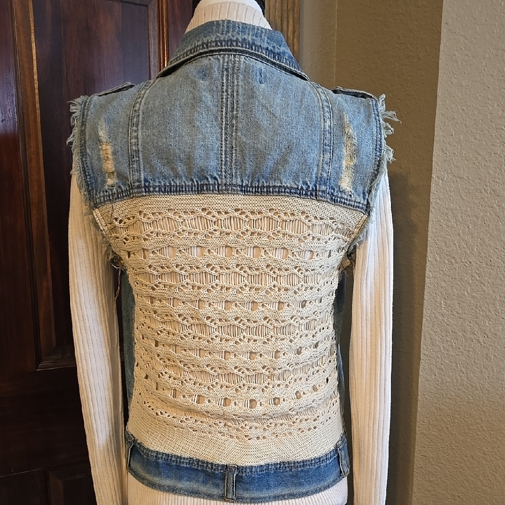 Chic Distressed Denim Vest with Cream Inset Sweater Back